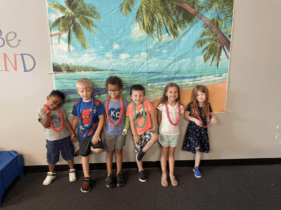Children dressed up for Hawaiian luau day